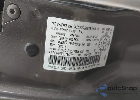 2001 Chrysler Pt Cruiser из США, поврежденный, VIN 3C8FY4BB31T607778